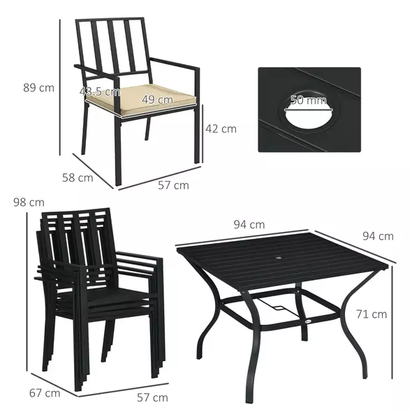 Outsunny 5 Pieces Garden Dining Set with Cushions, Outdoor Patio Table and 4 Stackable Chairs, Metal Top Table with Umbrella Hole, Black - 3