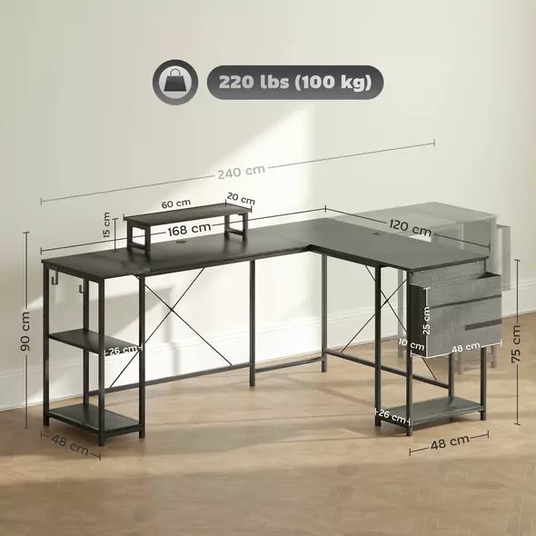 HOMCOM 168cm Reversible L Shaped Desk, Industrial Corner Computer Desk with Adjustable Shelf and Storage Bag, 240cm 2 Person PC Table with Monitor Stand, Black - 3