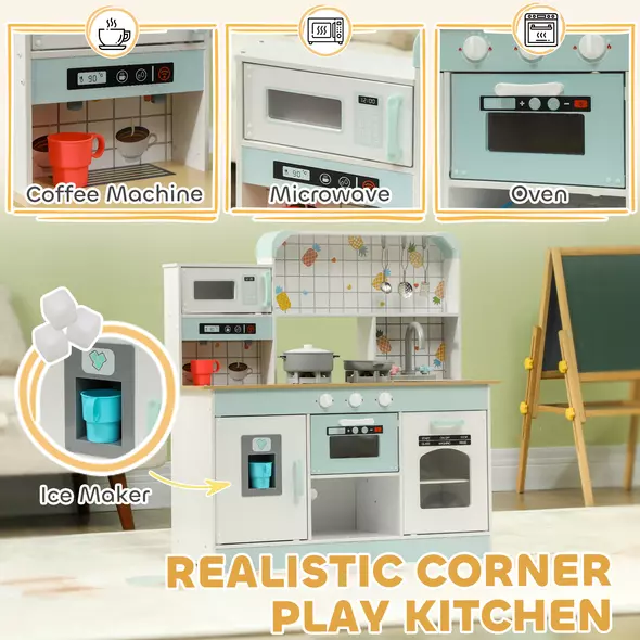 AIYAPLAY Toy Kitchen, Pretend Role Play Kitchen with Hob, Sound, Light, Coffee Machine, Ice Maker, Microwave - 5