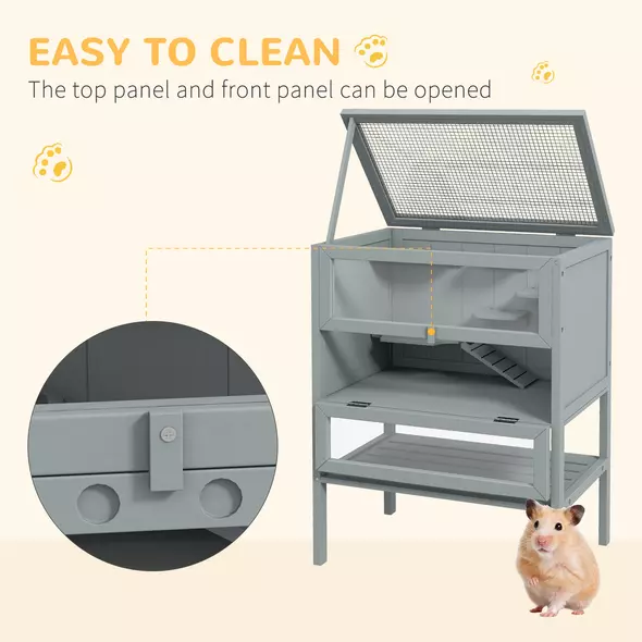 PawHut Wooden Hamster Cage 3 Tier House w/ Storage Shelf, Openable Top for Gerbils, Grey - 5