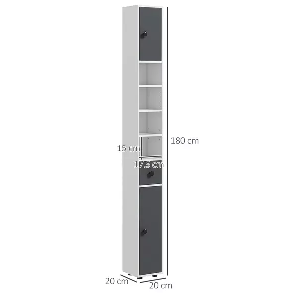 kleankin 180cm Slim Bathroom Cabinet, with Drawer, Shelves and Cupboards - Grey - 3