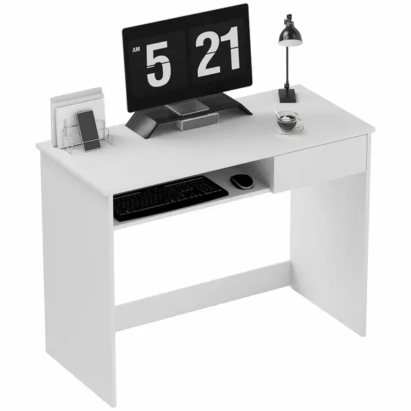 HOMCOM 100cm Compact Computer Desk with Keyboard Tray, Home Office Desk with Drawer for Bedroom Study, White - 1