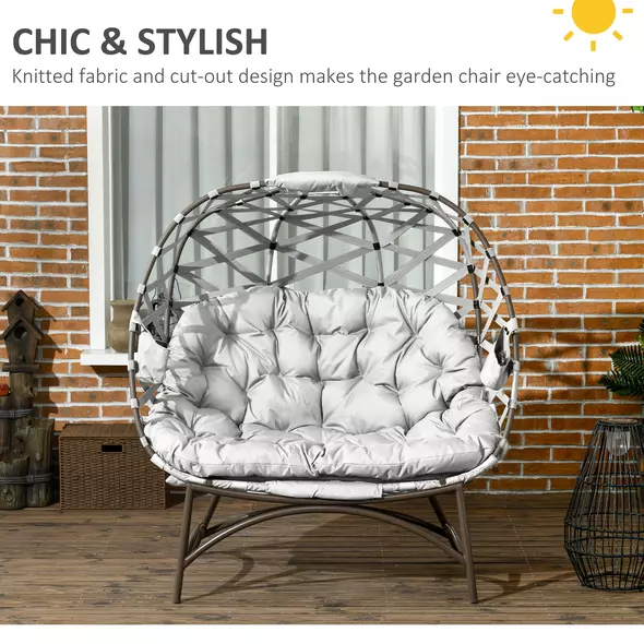 Outsunny 2 Seater Egg Chair Outdoor, Folding Weave Garden Furniture Chair with Cushion, Cup Pockets - Light Grey - 4