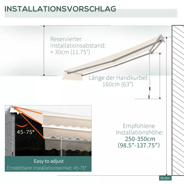 Outsunny Manual Retractable Awning, 3x2.5 m-Ivory White - 8