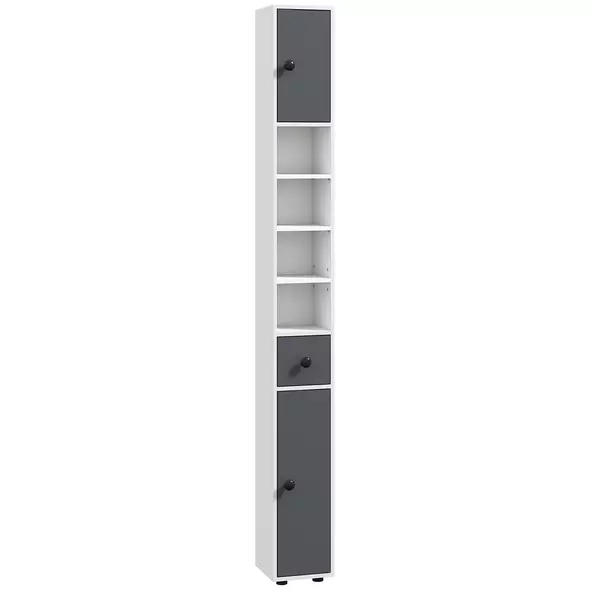 kleankin 180cm Slim Bathroom Cabinet, with Drawer, Shelves and Cupboards - Grey - 1