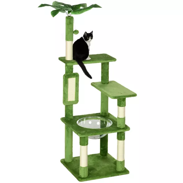 PawHut 142cm Cat Tree Tower, with Scratching Post, Hammock, Toy Ball, Platforms - Green - 1