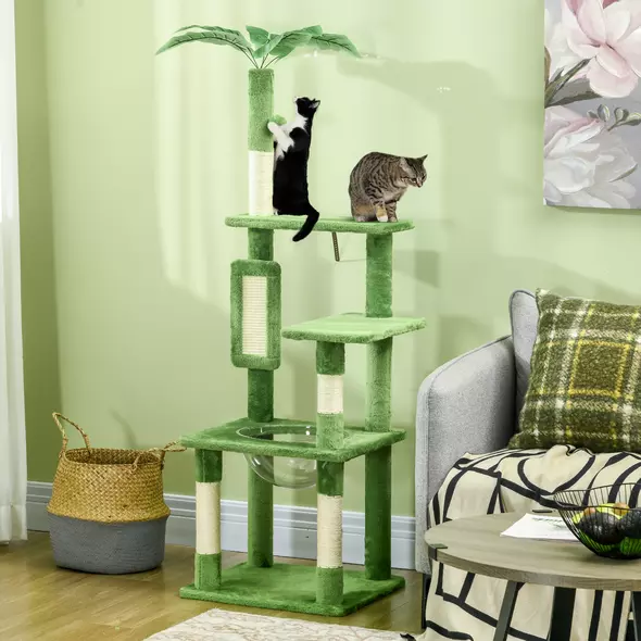 PawHut 142cm Cat Tree Tower, with Scratching Post, Hammock, Toy Ball, Platforms - Green - 2