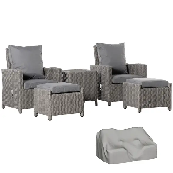 Outsunny 5 Pieces Outdoor PE Rattan Garden Furniture with Cushions, Patio Lounge Adjustable Backrest Chairs, Footstools and Cooler Bar Coffee Table & Cover, Grey - 1