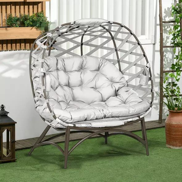 Outsunny 2 Seater Egg Chair Outdoor, Folding Weave Garden Furniture Chair with Cushion, Cup Pockets - Light Grey - 2