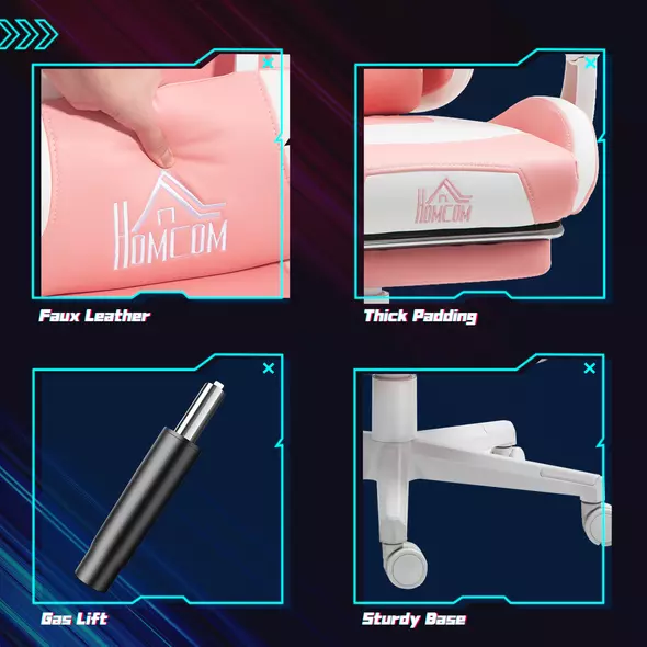 HOMCOM Cat Ear and Paw Reclining Office Chair, with Footrest - Pink/White - 8