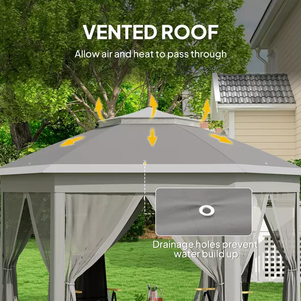 Outsunny 3 x 4m Garden Gazebo Hexagon Pop Up Gazebo Party Tent Canopy Double Roof Instant Shelter with Netting and Carry Bag for Outdoor Patio, Dark Grey - 5