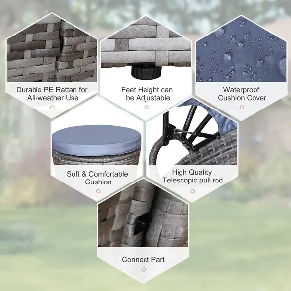 Outsunny Outdoor PE Rattan Garden Furniture with Cushioned, Patio Wicker Conversation Furniture Set, Round Daybed with Retractable Canopy, Coffee Table and Three Pillows, Grey/Blue Grey - 4