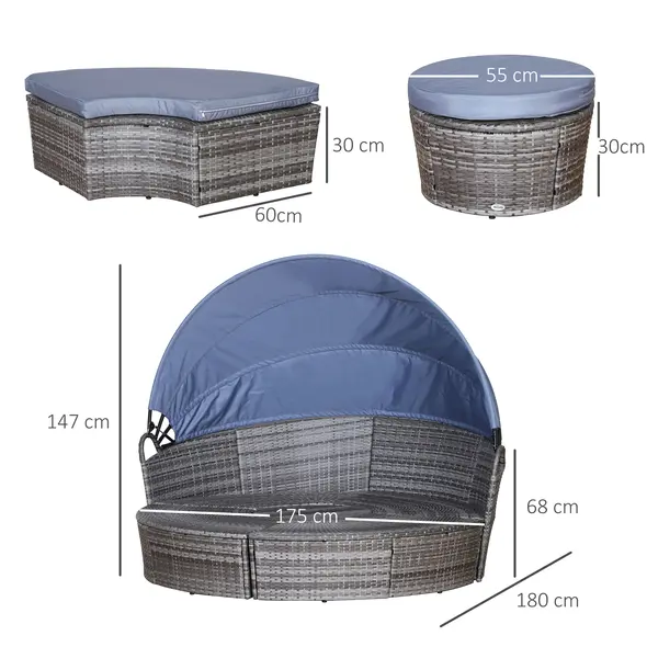 Outsunny Outdoor PE Rattan Garden Furniture with Cushioned, Patio Wicker Conversation Furniture Set, Round Daybed with Retractable Canopy, Coffee Table and Three Pillows, Grey/Blue Grey - 3