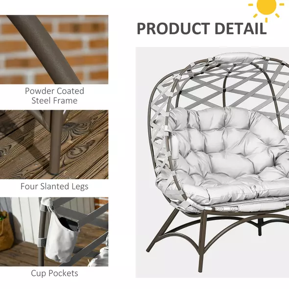 Outsunny 2 Seater Egg Chair Outdoor, Folding Weave Garden Furniture Chair with Cushion, Cup Pockets - Light Grey - 7