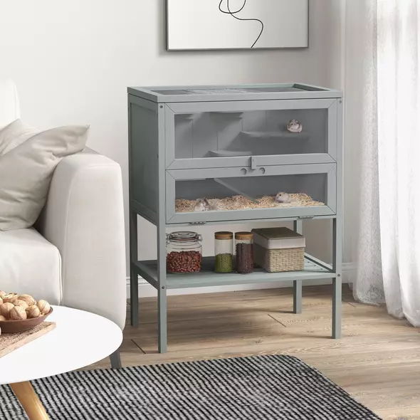 PawHut Wooden Hamster Cage 3 Tier House w/ Storage Shelf, Openable Top for Gerbils, Grey - 2