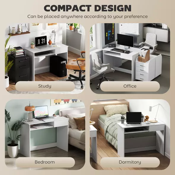 HOMCOM 100cm Compact Computer Desk with Keyboard Tray, Home Office Desk with Drawer for Bedroom Study, White - 6