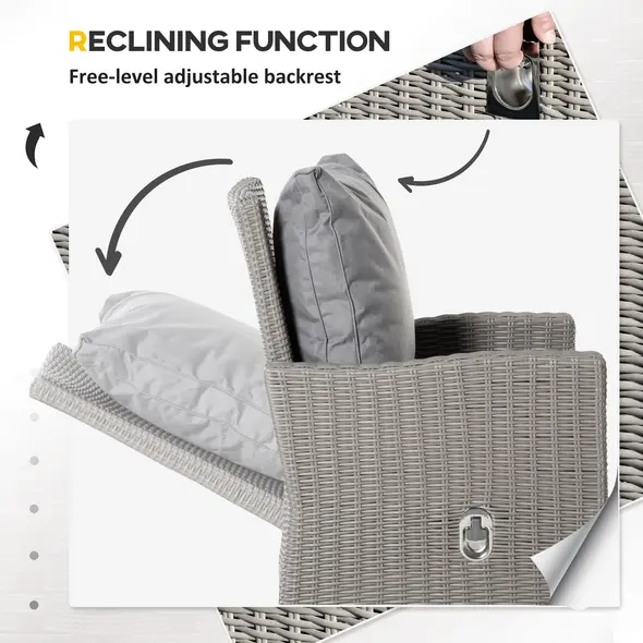 Outsunny 5 Pieces Outdoor PE Rattan Garden Furniture with Cushions, Patio Lounge Adjustable Backrest Chairs, Footstools and Cooler Bar Coffee Table & Cover, Grey - 8