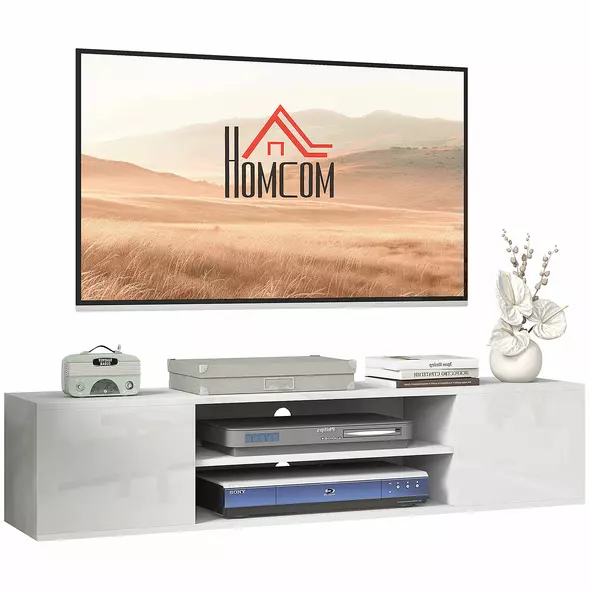 HOMCOM Floating TV Stand Cabinet for TVs up to 60", Wall Mounted TV Unit with Open Shelf, Storage Cupboards and Cable Management for Living Room, White - 1