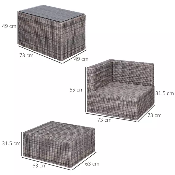 Outsunny 5 Piece Rattan Garden Furniture Set w/ 10cm Thick Cushions, Aluminium Frame Wicker Outdoor Balcony Sofa Set with Corner Armchairs, Ottomans, and Glass Top Table, Mixed Brown - 3