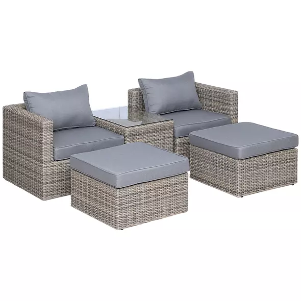 Outsunny 5 Piece Rattan Garden Furniture Set w/ 10cm Thick Cushions, Aluminium Frame Wicker Outdoor Balcony Sofa Set with Corner Armchairs, Ottomans, and Glass Top Table, Mixed Brown - 1