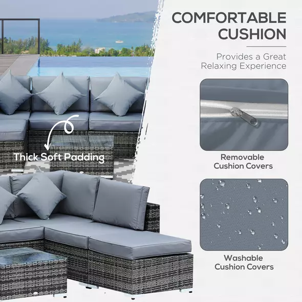 Outsunny 8 Piece Rattan Corner Sofa Set with Wide & Deep Seat, Assembled Aluminium PE Rattan Garden Furniture Set with Thick Cushions and Glass Top Table for Outdoor, Conservatory, Grey - 5
