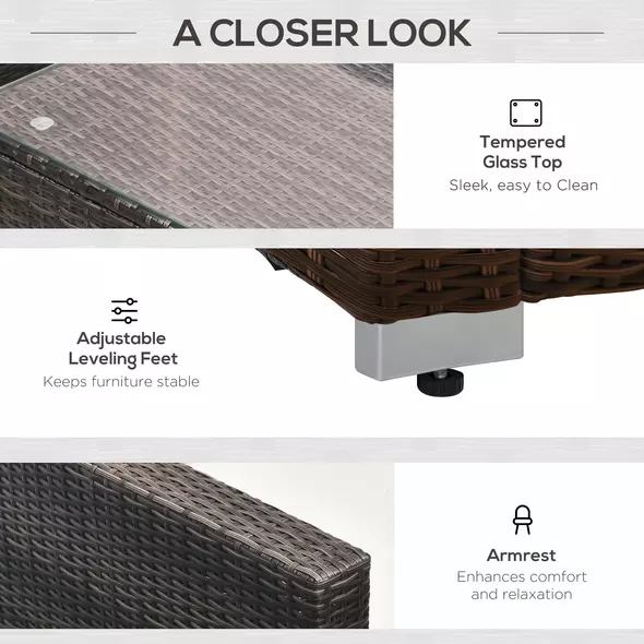 Outsunny 8 Piece Rattan Corner Sofa Set with Wide & Deep Seat, Assembled Aluminium PE Rattan Garden Furniture Set with Thick Cushions and Glass Top Table for Outdoor, Conservatory, Mixed Brown - 7