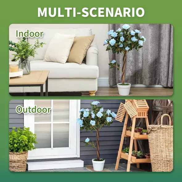 Outsunny Set of 2 Artificial Plants White Rose Floral in Pot, Fake Plants for Home Indoor Decor, 90cm, Light Blue - 4