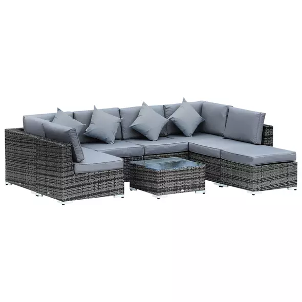 Outsunny 8 Piece Rattan Corner Sofa Set with Wide & Deep Seat, Assembled Aluminium PE Rattan Garden Furniture Set with Thick Cushions and Glass Top Table for Outdoor, Conservatory, Grey - 1