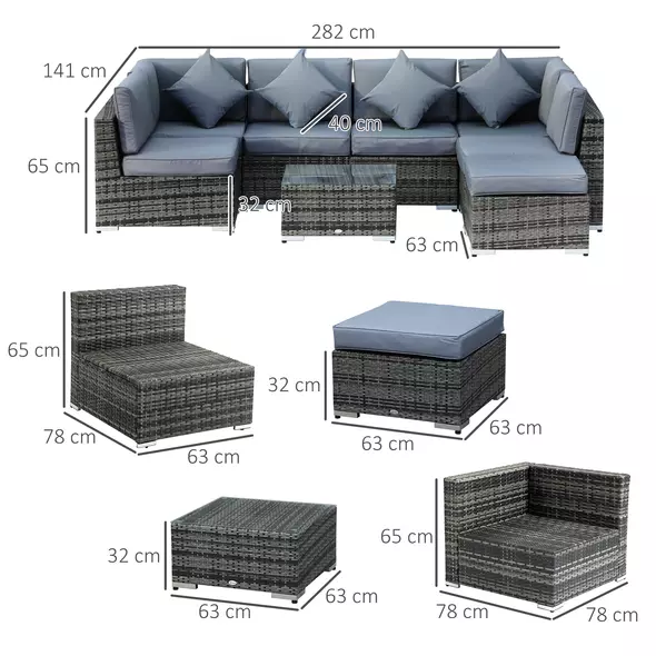 Outsunny 8 Piece Rattan Corner Sofa Set with Wide & Deep Seat, Assembled Aluminium PE Rattan Garden Furniture Set with Thick Cushions and Glass Top Table for Outdoor, Conservatory, Grey - 3