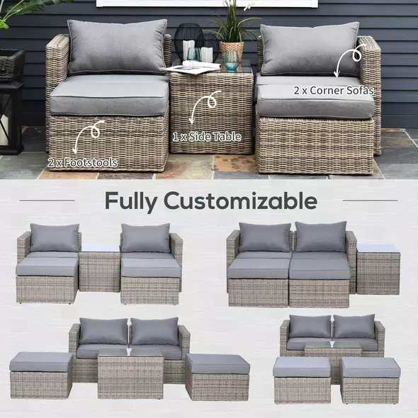 Outsunny 5 Piece Rattan Garden Furniture Set w/ 10cm Thick Cushions, Aluminium Frame Wicker Outdoor Balcony Sofa Set with Corner Armchairs, Ottomans, and Glass Top Table, Mixed Brown - 8