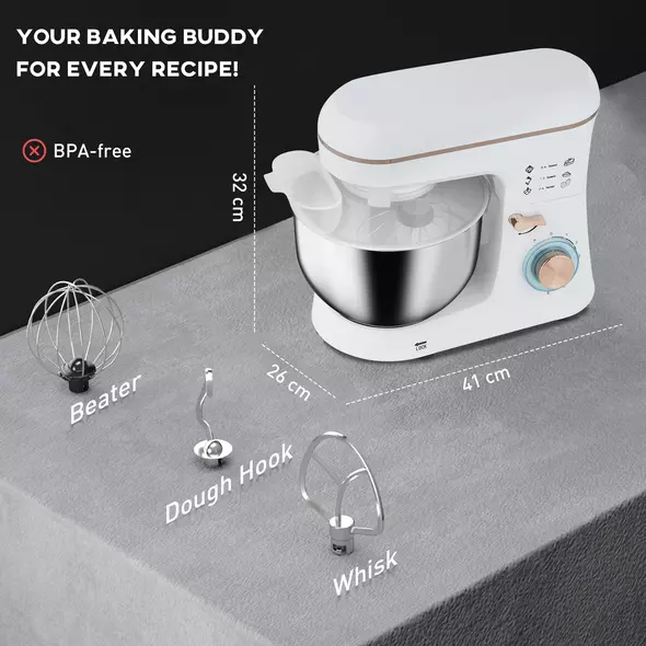 HOMCOM Stand Mixer, 5L Food Mixer for Baking, 6 Speeds and Pulse Setting, 1400W Cake Electric Kitchen Mixer with Dough Hook, Whisk, Stainless Steel Bowl, Splash Guard, Beater, White - 3