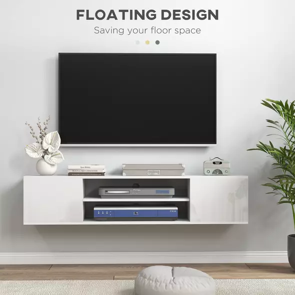 HOMCOM Floating TV Stand Cabinet for TVs up to 60", Wall Mounted TV Unit with Open Shelf, Storage Cupboards and Cable Management for Living Room, White - 4