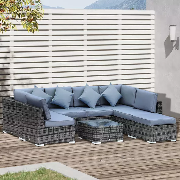 Outsunny 8 Piece Rattan Corner Sofa Set with Wide & Deep Seat, Assembled Aluminium PE Rattan Garden Furniture Set with Thick Cushions and Glass Top Table for Outdoor, Conservatory, Grey - 2