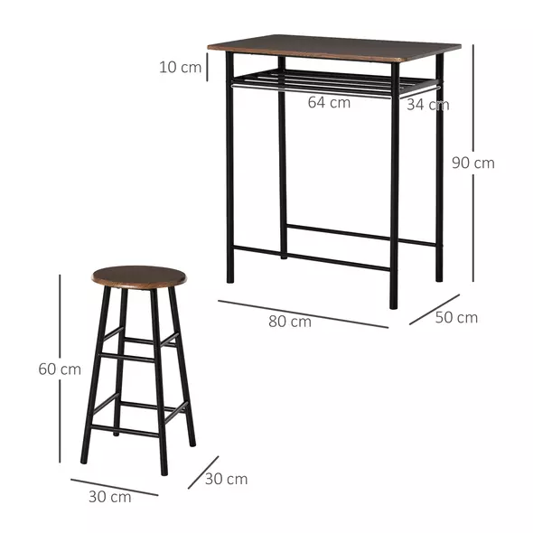 HOMCOM Bar Table Set, Bar Table and Stools Set, Footrest and Storage Shelf, for Kitchen, Dining Room, Pub, Cafe, Black and Oak - 3