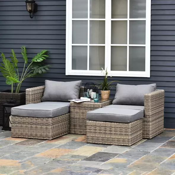 Outsunny 5 Piece Rattan Garden Furniture Set w/ 10cm Thick Cushions, Aluminium Frame Wicker Outdoor Balcony Sofa Set with Corner Armchairs, Ottomans, and Glass Top Table, Mixed Brown - 2