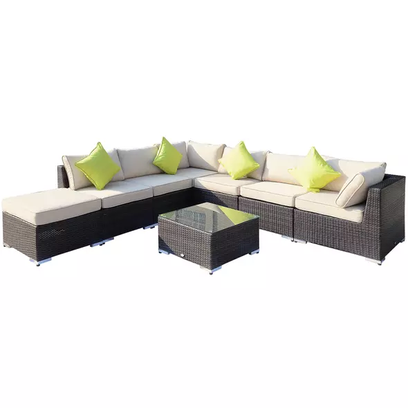 Outsunny 8 Piece Rattan Corner Sofa Set with Wide & Deep Seat, Assembled Aluminium PE Rattan Garden Furniture Set with Thick Cushions and Glass Top Table for Outdoor, Conservatory, Mixed Brown - 1