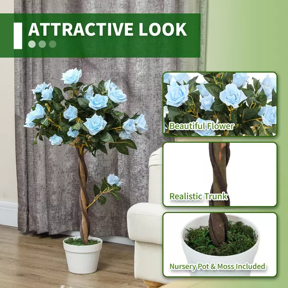 Outsunny Set of 2 Artificial Plants White Rose Floral in Pot, Fake Plants for Home Indoor Decor, 90cm, Light Blue - 5