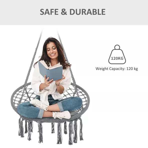 Outsunny Outdoor Cotton-Polyester Blend Macrame Hanging Rope Chair with Cushion, Portable Garden Chair with Fringe Tassels for Patio, Deck, Tree, Grey - 6