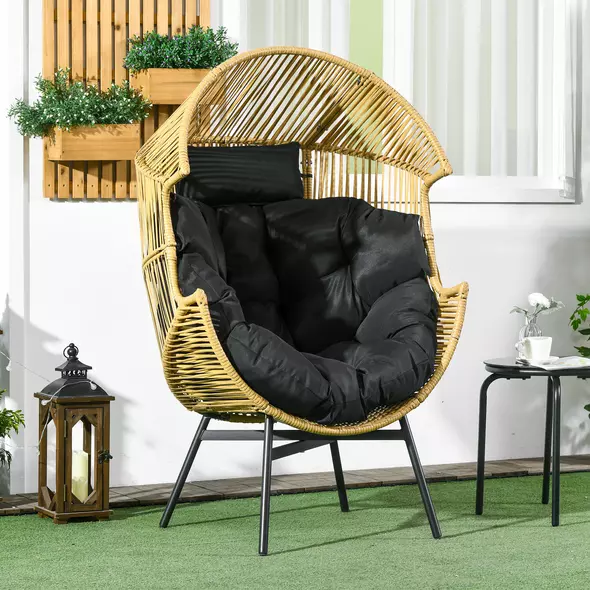 Outsunny String Rattan Egg Chair, with Padded Seat Cushion - Sand/Black - 2