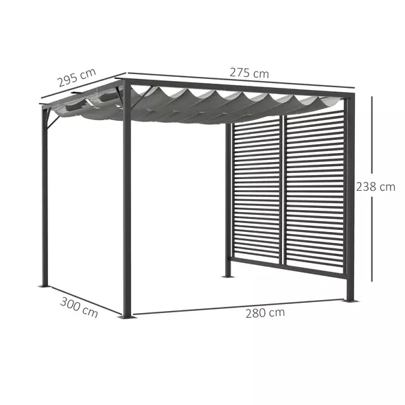 Outsunny 3 x 2.8m Metal Pergola, with Retractable Fabric Roof - Grey - 3