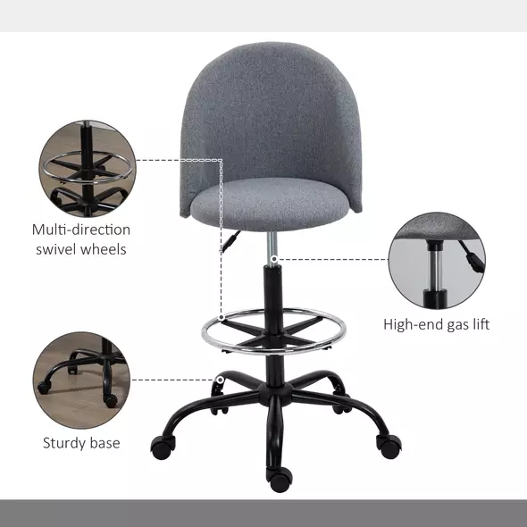 Vinsetto Ergonomic Drafting chair Adjustable Height w/ 5 Wheels Padded Seat Footrest 360° Swivel Freely Comfortable Versatile Use For Home Office - Grey - 6