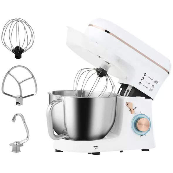 HOMCOM Stand Mixer, 5L Food Mixer for Baking, 6 Speeds and Pulse Setting, 1400W Cake Electric Kitchen Mixer with Dough Hook, Whisk, Stainless Steel Bowl, Splash Guard, Beater, White - 1