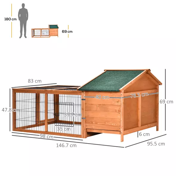 PawHut Wooden Rabbit Hutch Outdoor, Guinea Pig Hutch, Detachable Pet House Animal Cage with Openable Run & Roof Lockable Door Slide-out Tray 146 x 95 x 69cm - 3