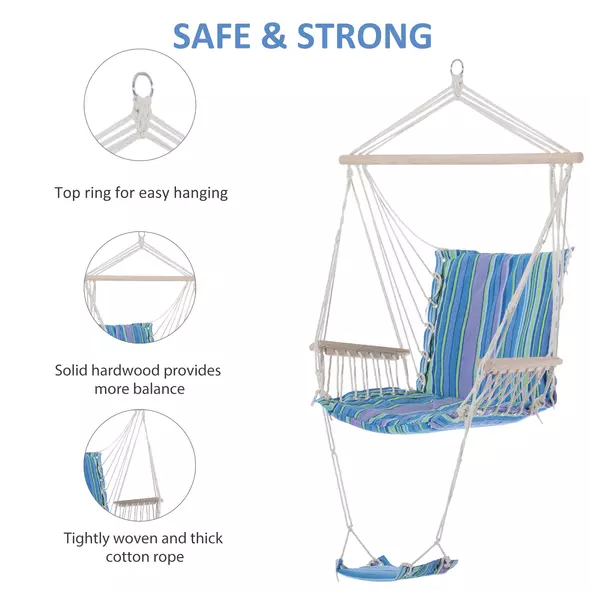 Outsunny Hanging Rope Chair with Soft Padded Seat & Backrest, Portable Garden Hammoc Chair with Wooden Support Bar, Armrests, Cotton Cloth, Footrest, for Patio & Tree, Blue - 4