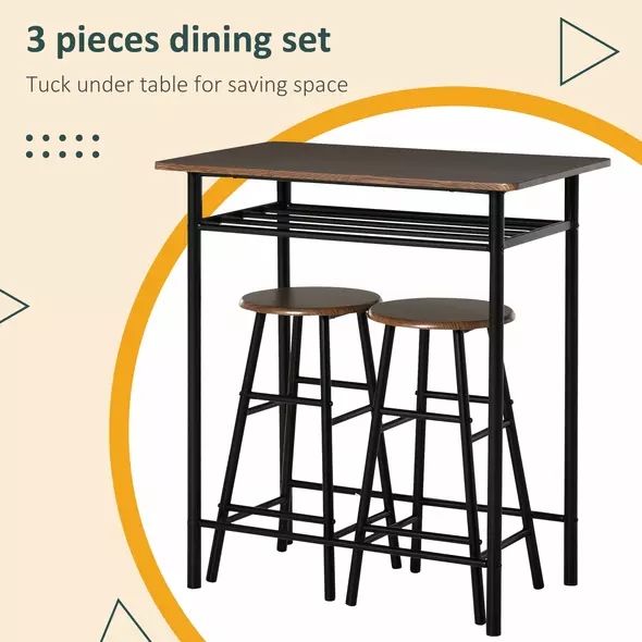 HOMCOM Bar Table Set, Bar Table and Stools Set, Footrest and Storage Shelf, for Kitchen, Dining Room, Pub, Cafe, Black and Oak - 4