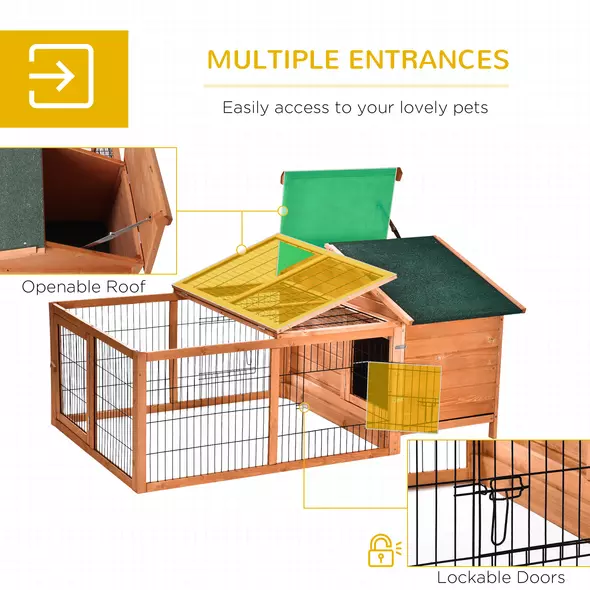 PawHut Wooden Rabbit Hutch Outdoor, Guinea Pig Hutch, Detachable Pet House Animal Cage with Openable Run & Roof Lockable Door Slide-out Tray 146 x 95 x 69cm - 5