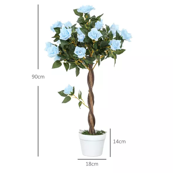 Outsunny Set of 2 Artificial Plants White Rose Floral in Pot, Fake Plants for Home Indoor Decor, 90cm, Light Blue - 3