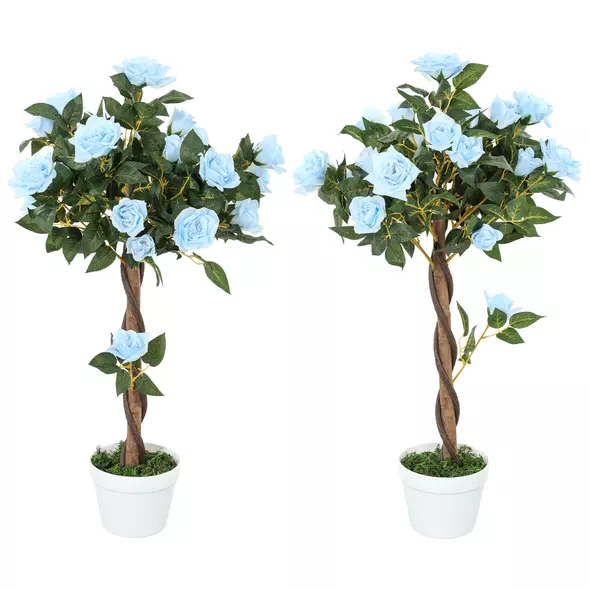 Outsunny Set of 2 Artificial Plants White Rose Floral in Pot, Fake Plants for Home Indoor Decor, 90cm, Light Blue - 1