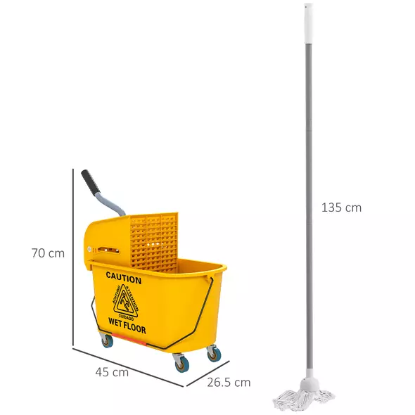 HOMCOM Mop Bucket with Wringer Set on Wheels for Floor Cleaning, 20 Litre Side Press Wringer with Handle and Mop, Yellow - 3