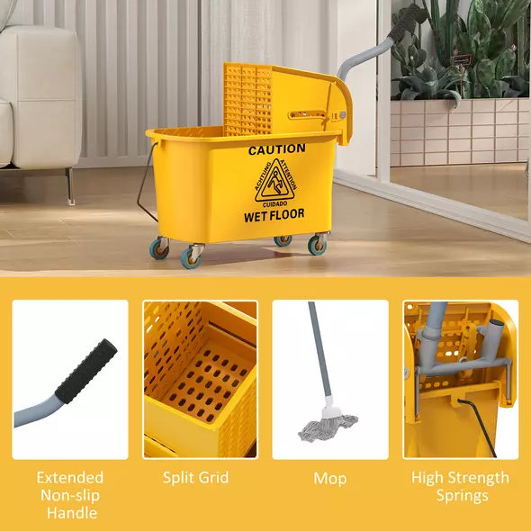 HOMCOM Mop Bucket with Wringer Set on Wheels for Floor Cleaning, 20 Litre Side Press Wringer with Handle and Mop, Yellow - 8